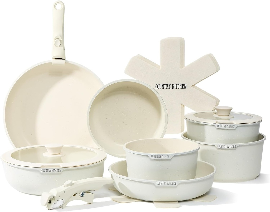 Country Kitchen 15 Piece Pots and Pans Set - Safe Nonstick Kitchen Cookware With