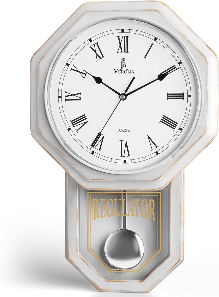 White Pendulum Wall Clock - Rustic Wooden Farmhouse Wall Clock - Regulator Clock