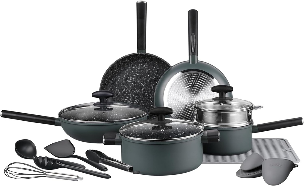 16 Pieces Pots and Pans Set - Safe Nonstick Kitchen Cookware Set, Green Inductio