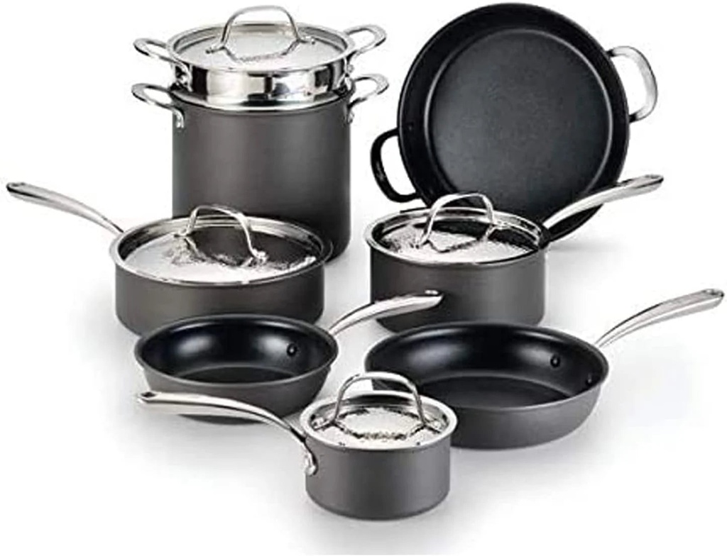 Hard Anodized Nonstick 12-Piece Cookware Set with Hammered Stainless Steel Lids,