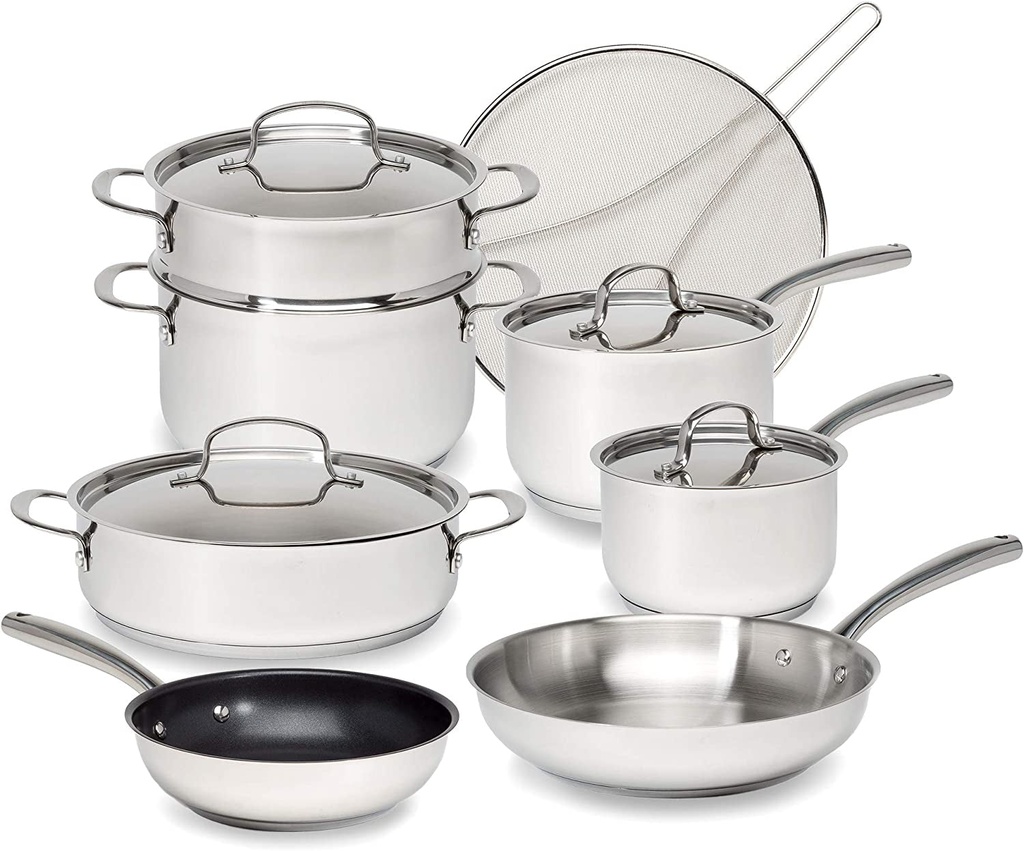 Goodful 12-Piece Classic Stainless Steel Cookware Set with Tri-Ply Base for Even