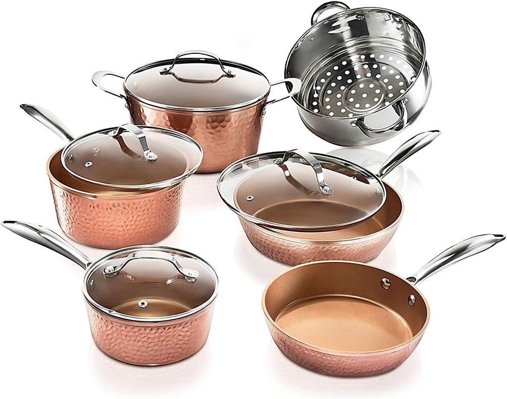 Gotham Steel Hammered Copper 10 Pc Pots and Pans Set Non Stick Cookware Set, Non
