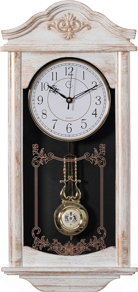 Large Vintage Grandfather Wood- Looking Plastic Pendulum Wall Clock for Living R