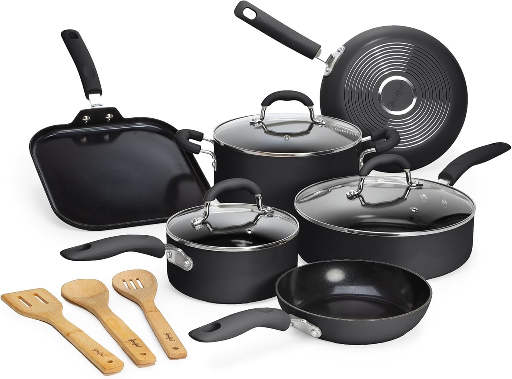 12 Pc Goodful Premium Nonstick Pots and Pans Set, Diamond Reinforced Non-Stick C