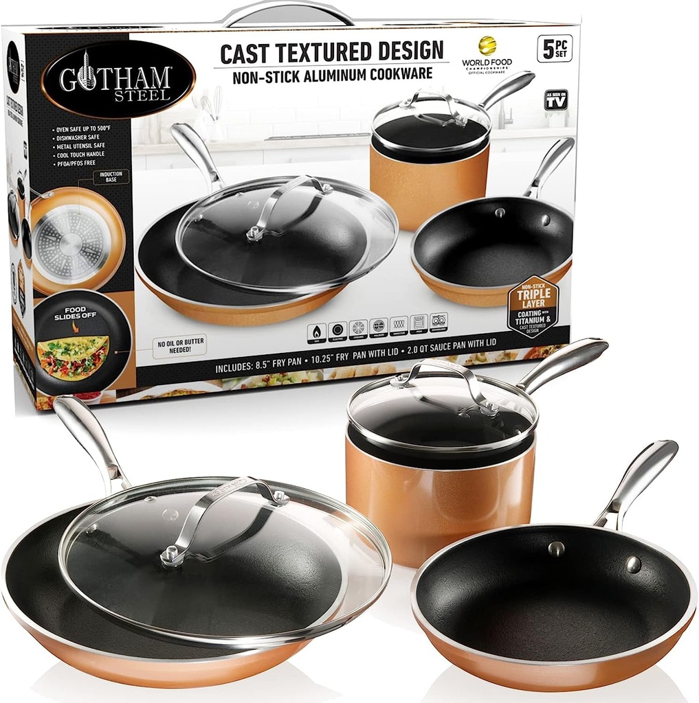 5 Piece Cookware Gotham Steel Copper Cast, Pots and Pan Set with Triple Coated