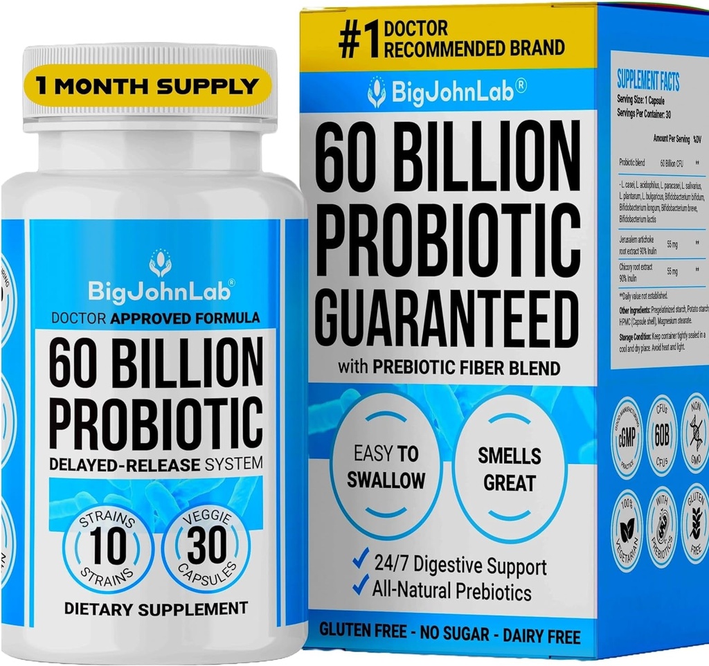 BIGJOHNLAB Probiotics 30Capsules Supply Women & Men 60 Billion CFU 10 Strains +