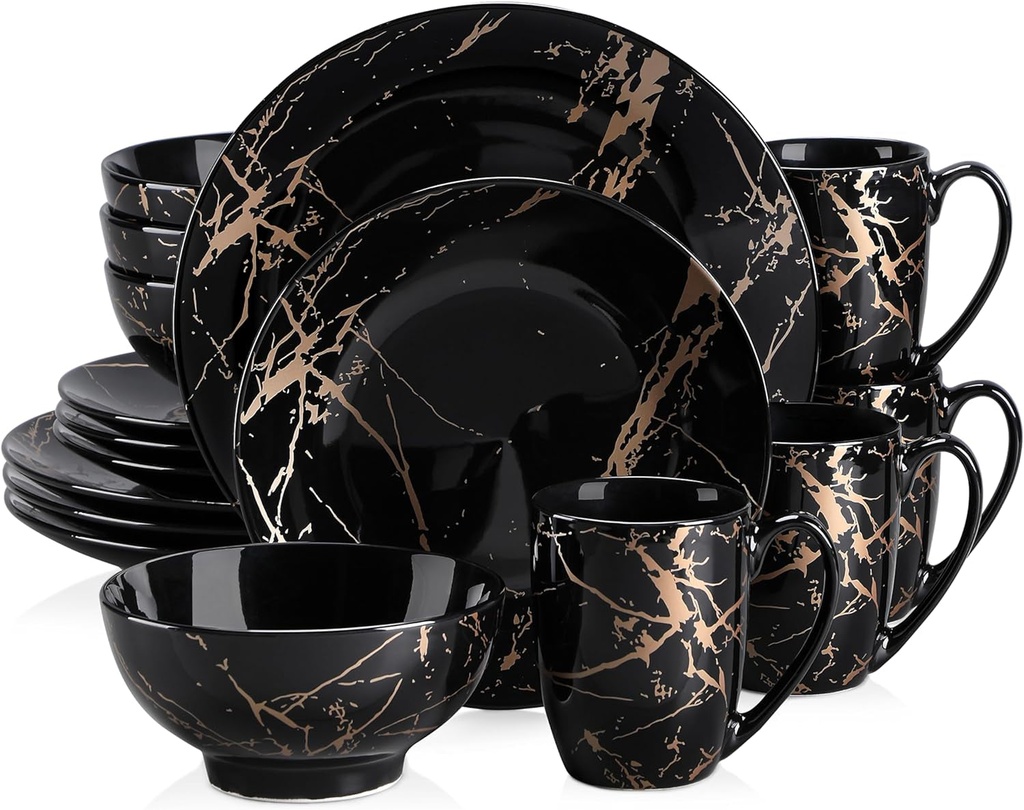 LOVECASA Black Plates and Bowls Sets for 4, Porcelain Dinnerware Sets 16 Piece G