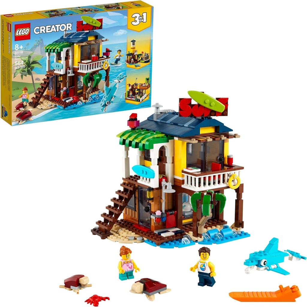 LEGO Creator 3 in 1 Surfer Beach House with 2 Minifigures and Dolphin Figure, Tr