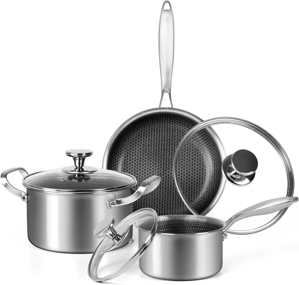 Stainless Steel Pots and Pans Set 6Pcs Nonstick Kitchen Cookware Sets Honeycomb
