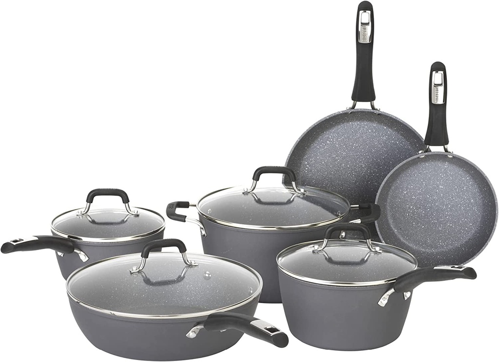 Bialetti 10-Piece Impact Textured Pots and Pans Kitchen Cookware Set, Gray