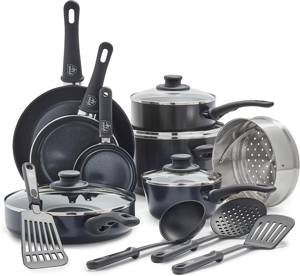 Greenlife Soft Grip Healthy Ceramic Nonstick 16 Piece Kitchen Cookware Pots And