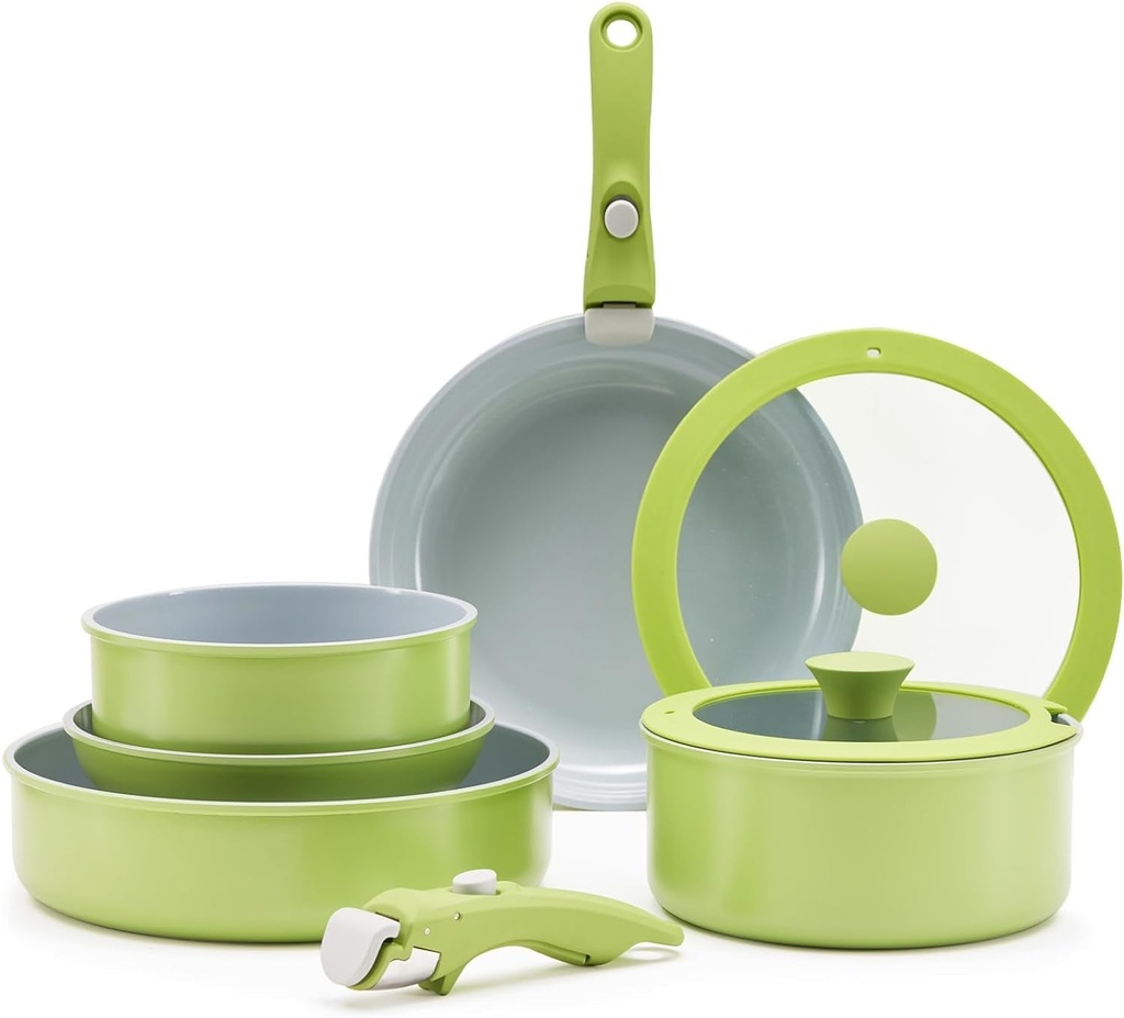 Vkoocy 9 Piece Green Non Stick Pot and Pan Sets with Removable Handle, Ceramic C