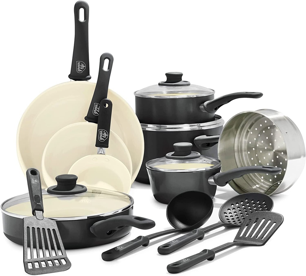 Greenlife Soft Grip Healthy Ceramic Nonstick 16 Piece Kitchen Cookware Pots And