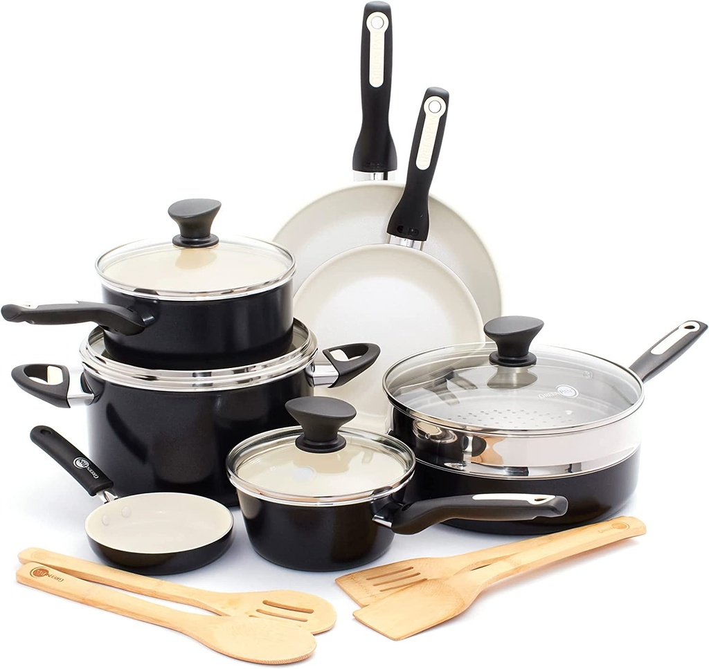 Greenpan Rio Healthy Ceramic Nonstick 16 Piece Cookware Pots and Pans Set, Pfas-