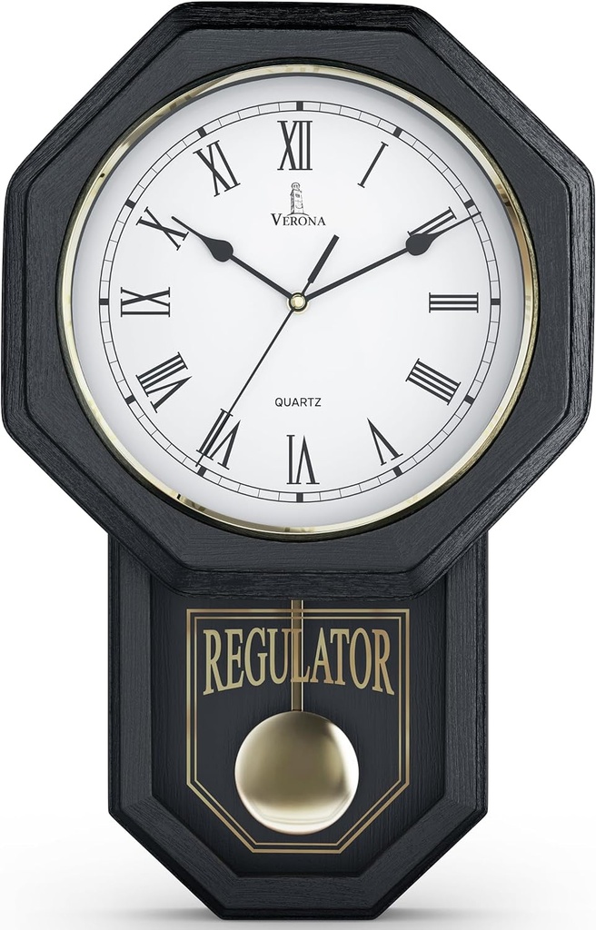 Black Pendulum Wall Clock Battery Operated - Regulator Clock - Wooden Schoolhous
