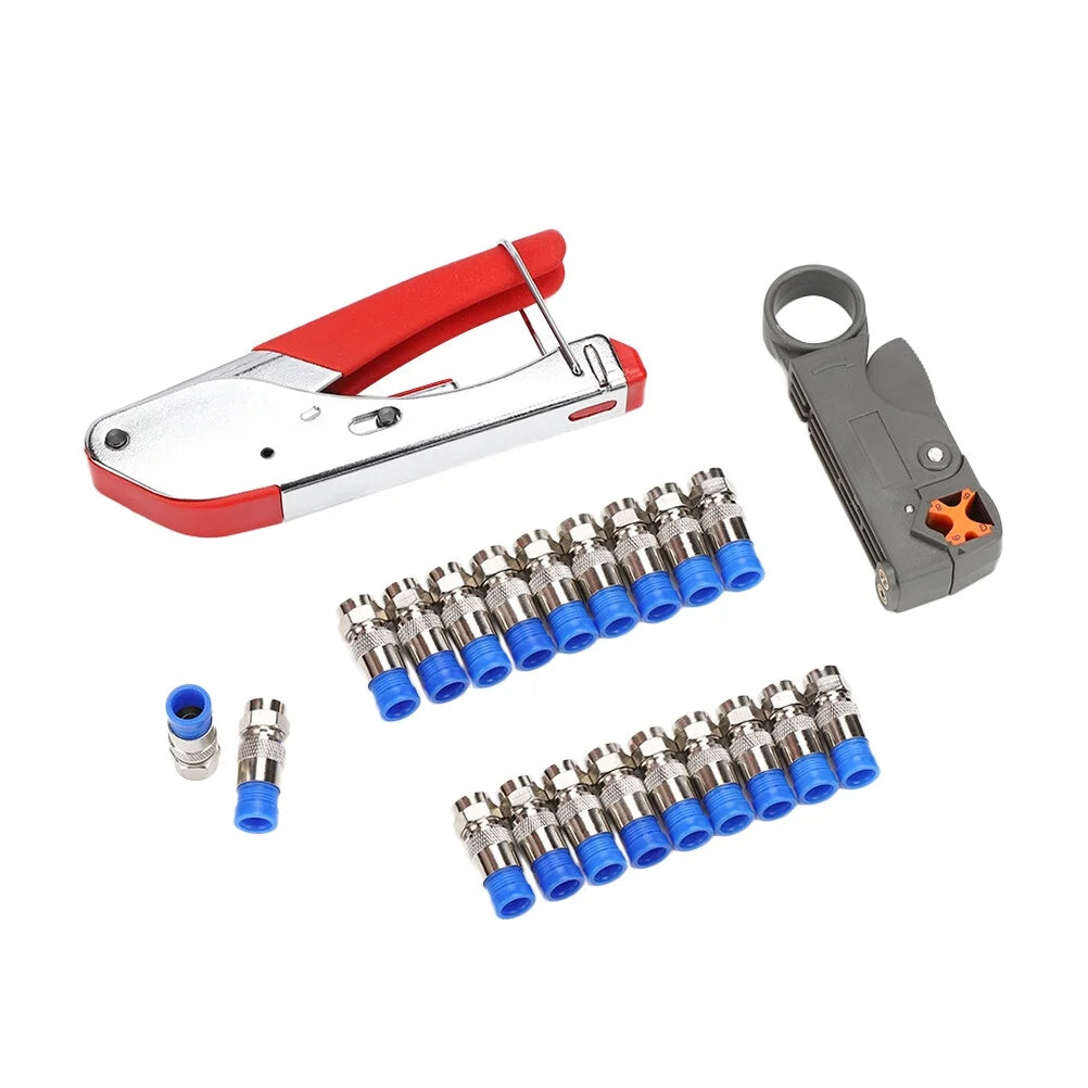 NUOLUX Coaxial Cable Pliers Stripper Pliers Set of Net Cable Pliers Combination Tool with 20 Blue F Plugs