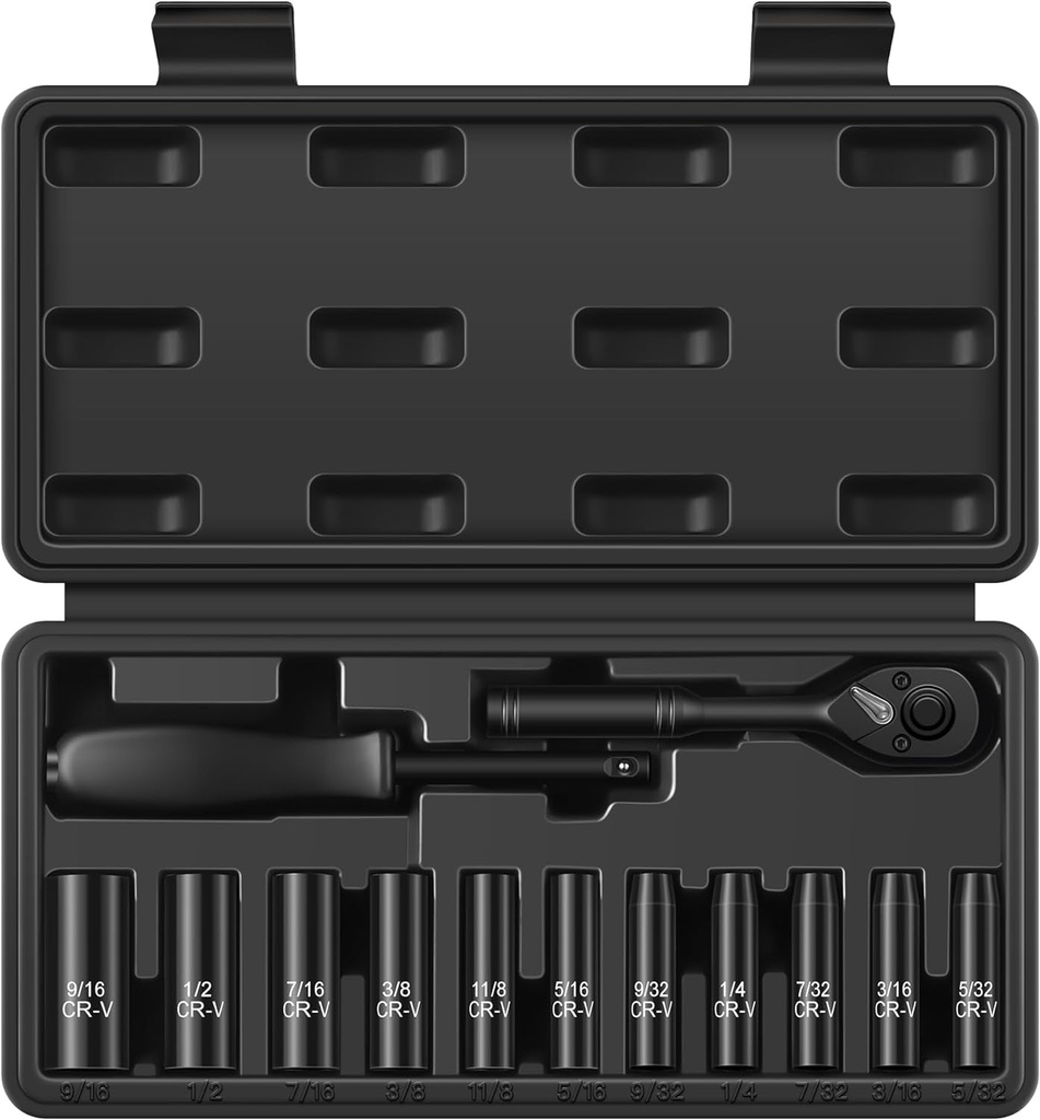 13-Piece 1/4" Drive Socket Set, SAE (3/16"- 11/32"), Deep Sockets, 72-Tooth Ratc