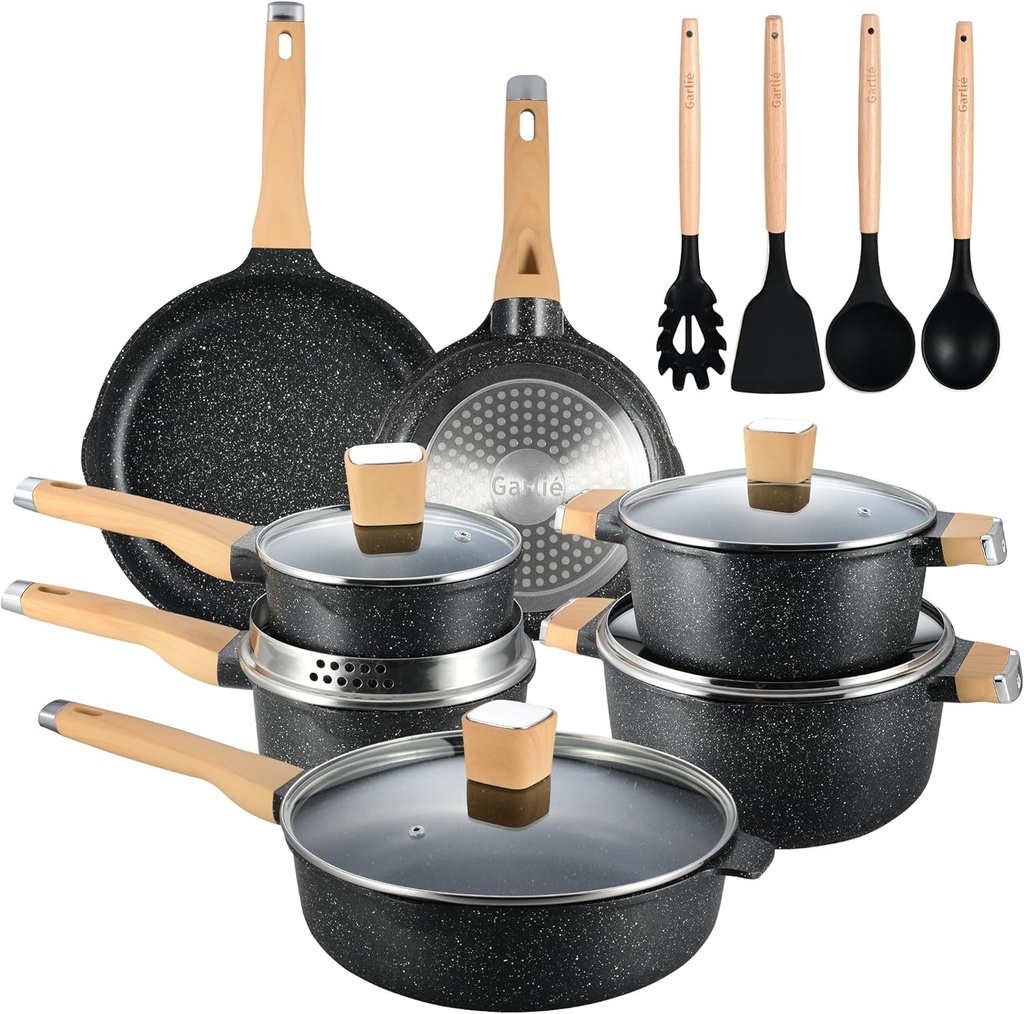 Garlie 16Pcs Pots and Pans Set, Nonstick Black Granite Set, Cookware Sets Suitab