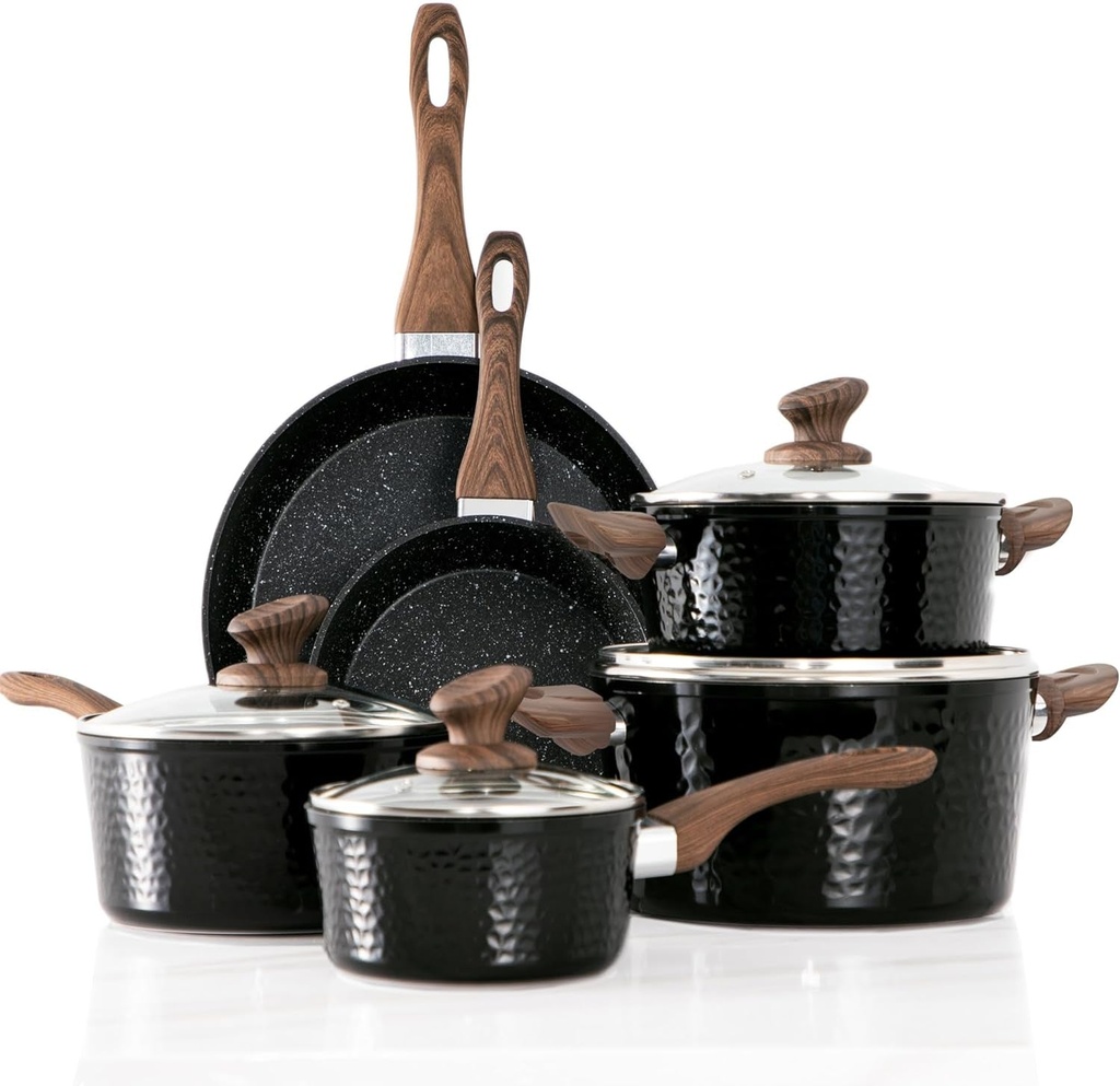 Kitchen Academy Induction Cookware Sets - 15 Pcs Black Hammered Cooking Pans Set