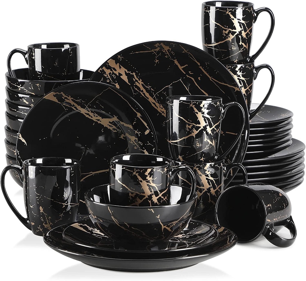 LOVECASA 32 Piece Set 8 Black Gold Dish Porcelain Dinnerware Sets Plates & Bowl