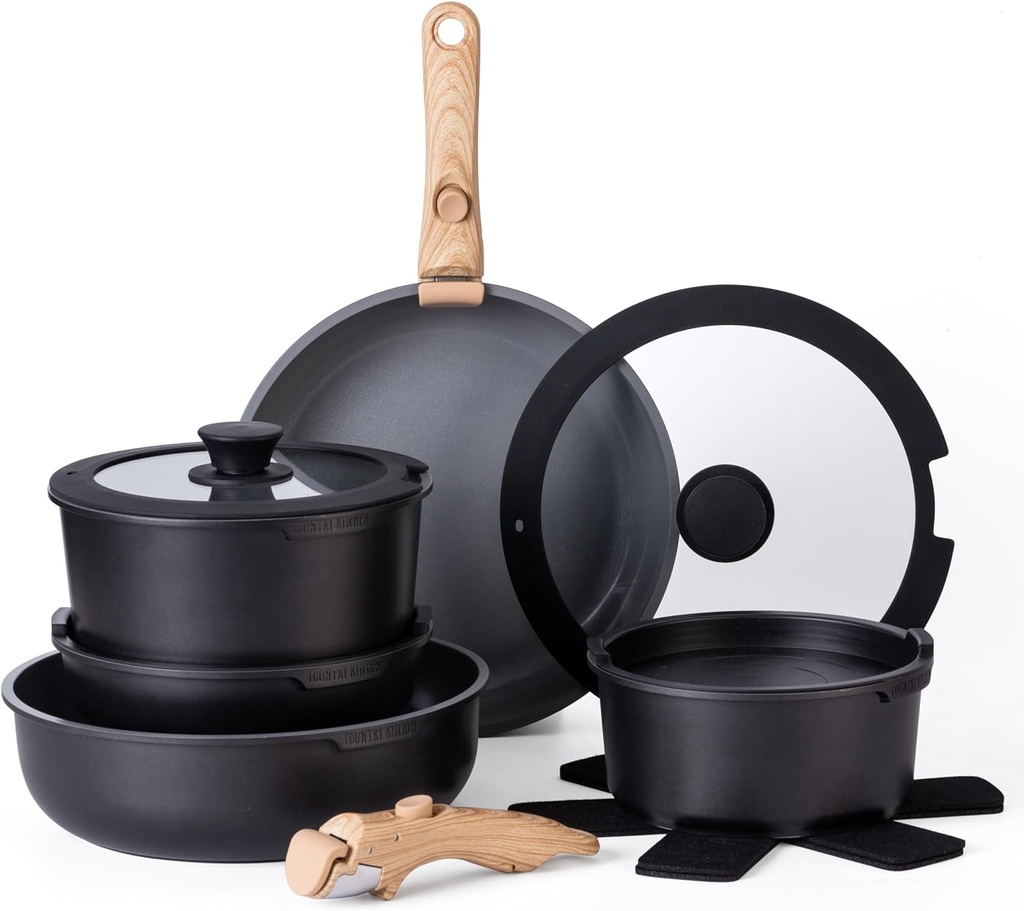 Country Kitchen Black 16 Piece Pots and Pans Set .