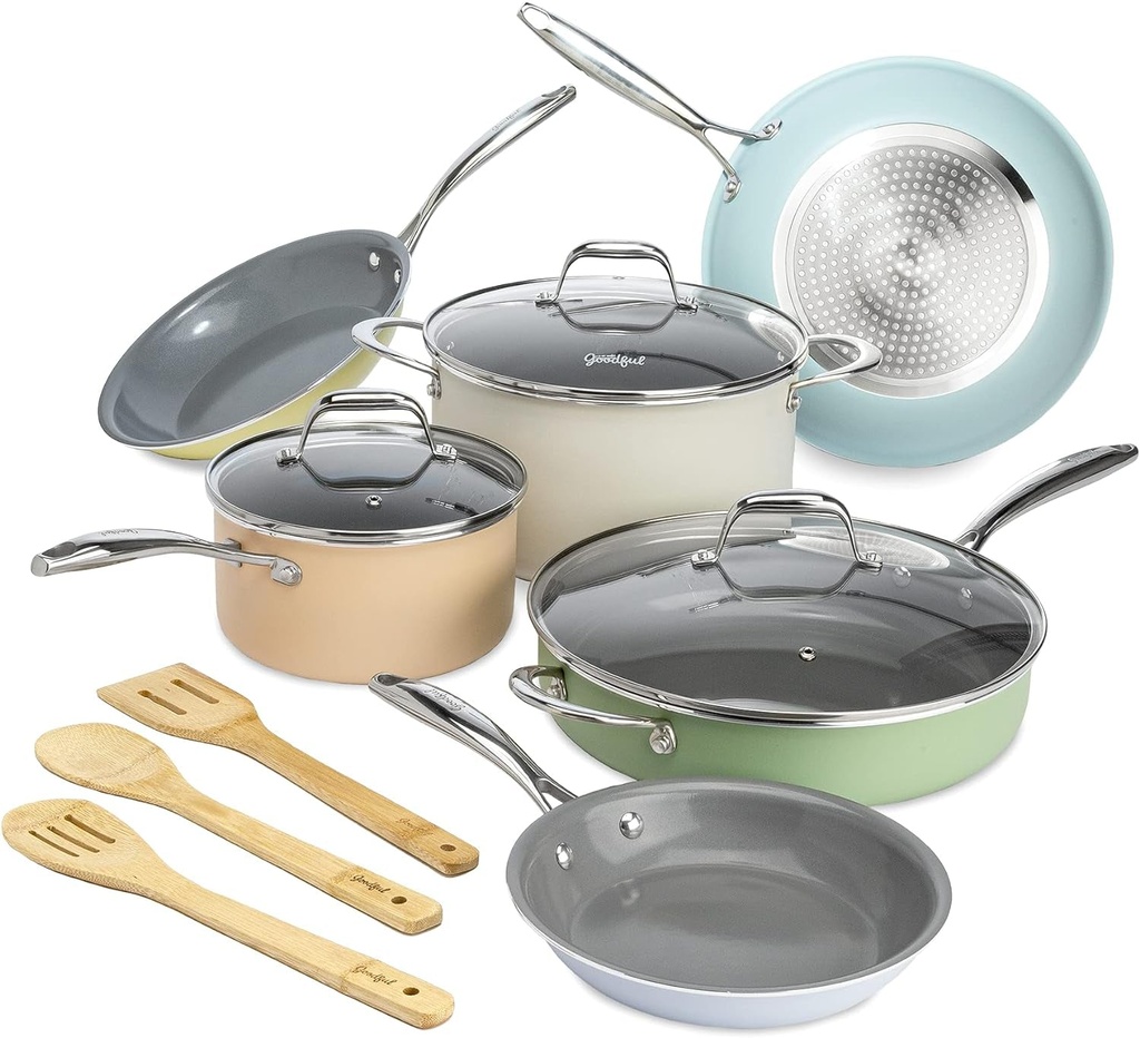 Goodful Ceramic Nonstick Pots and Pans Set, Titanium-Reinf