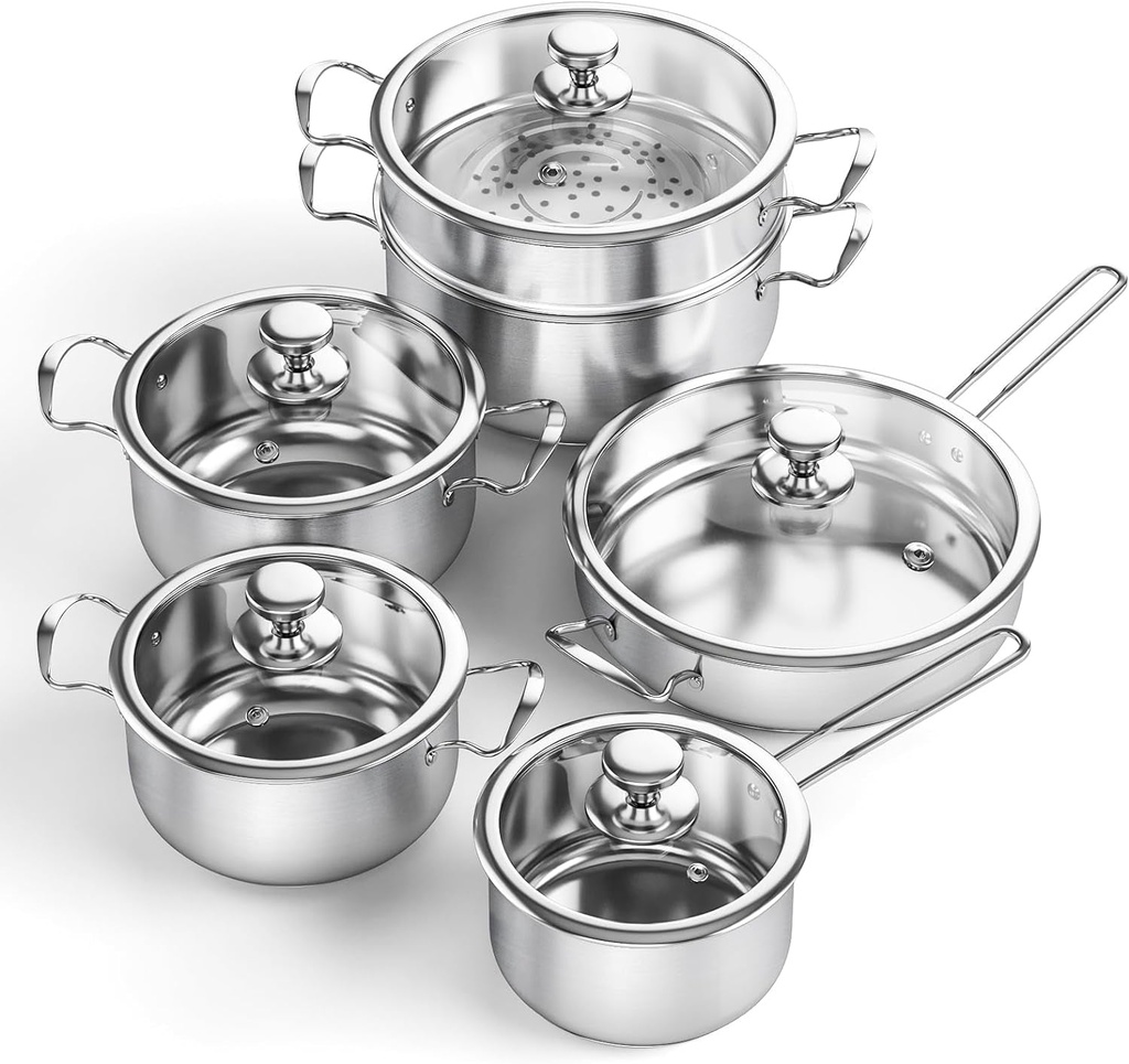 Meythway Pots and Pans Set Non Toxic, 11-Piece Stainless Steel Cookware Set With