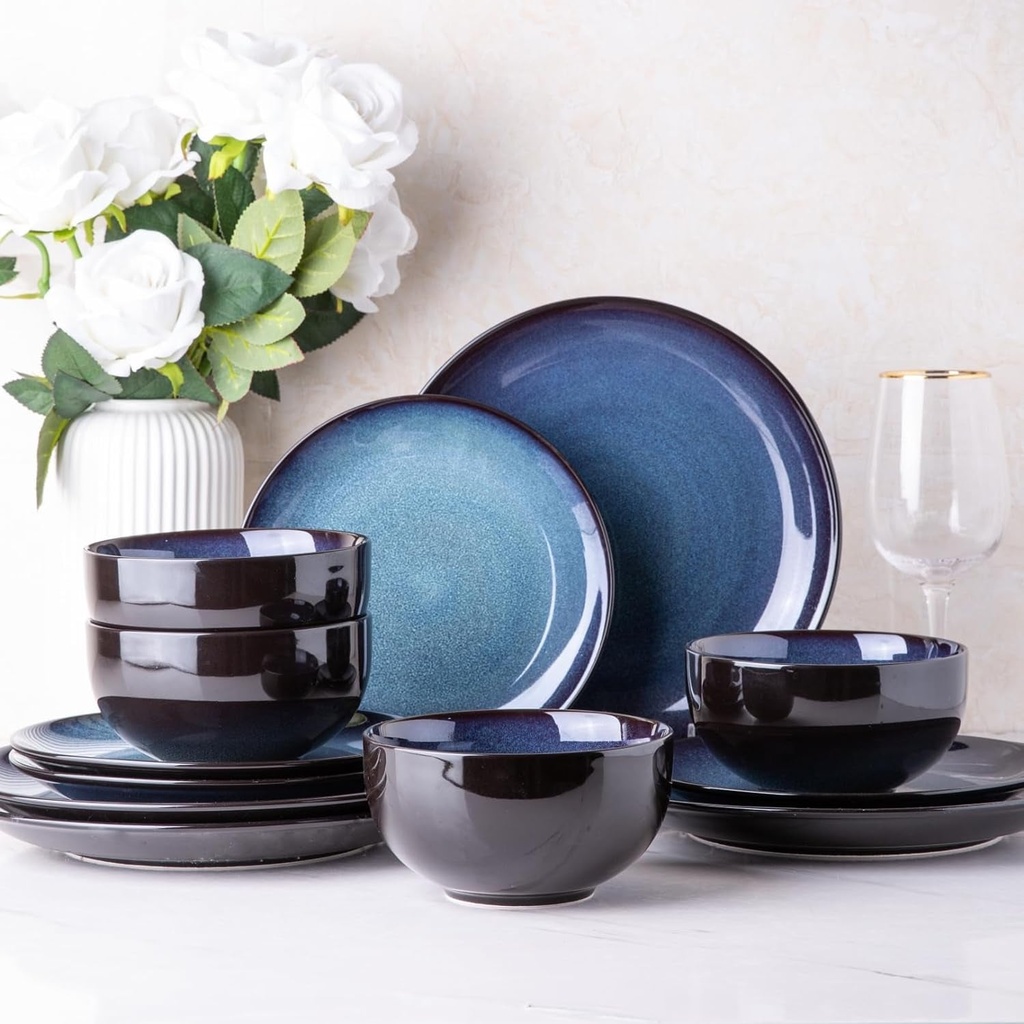 Service for 4 12 Piece Ceramic Dinnerware Sets,Stoneware Coupe Plates and Bowls