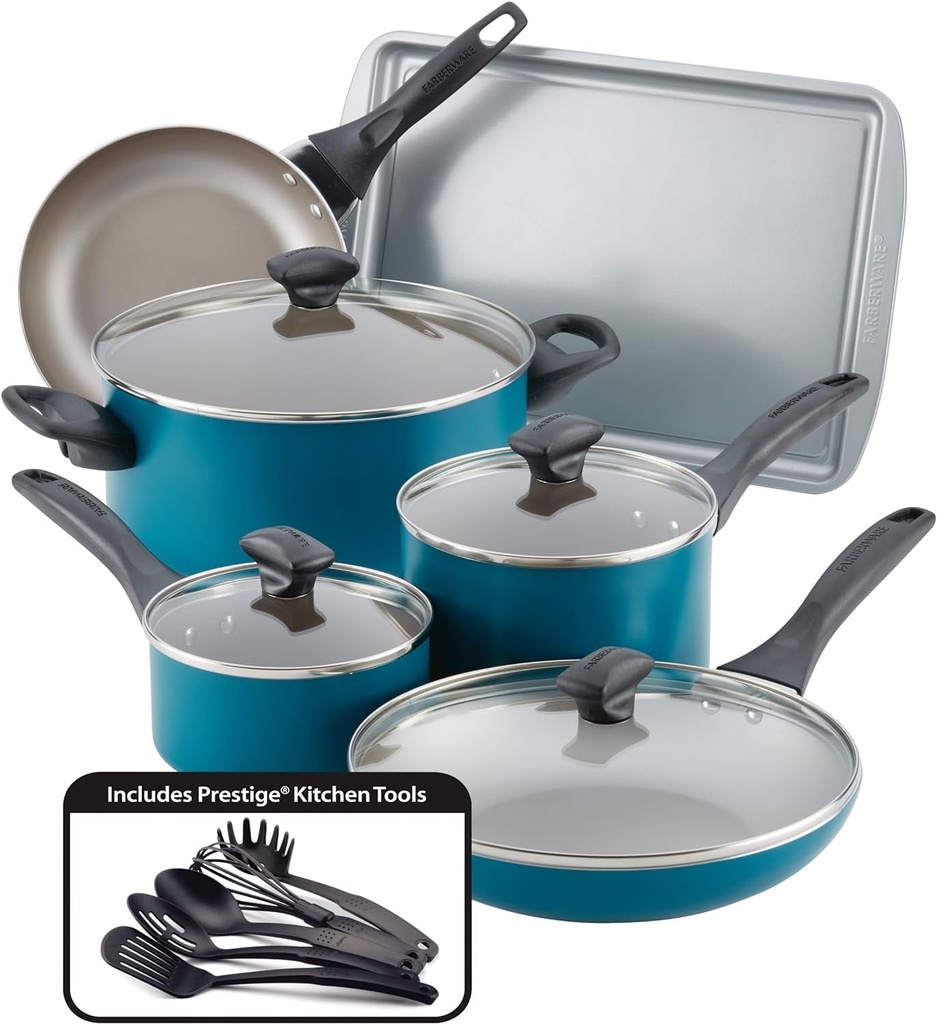 15 Piece, Teal Farberware Dishwasher Safe Nonstick Cookware Pots and Pans Set,