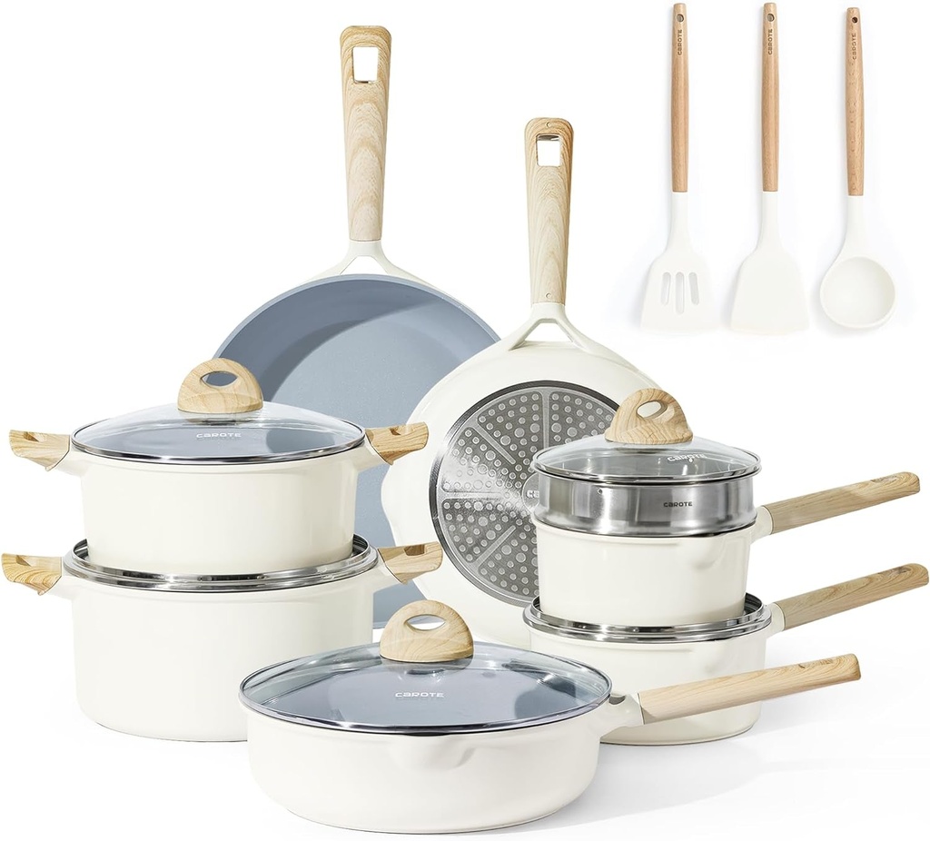 CAROTE 16Pcs Ceramic Cookware Set, Pots and Pans Set Non Stick, Kitchen Cookware