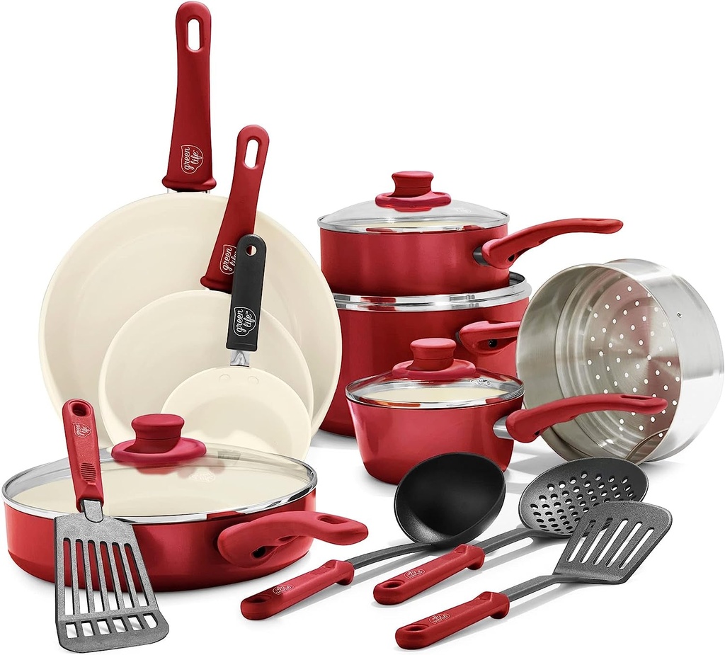 Greenlife Soft Grip Healthy Ceramic Nonstick 16 Piece Kitchen Cookware Pots And