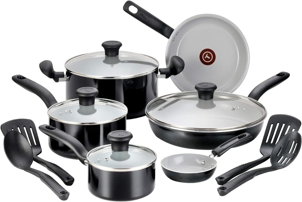 T-Fal Initiatives Ceramic Nonstick Cookware Set 14 Piece Oven Safe 350F Pots And