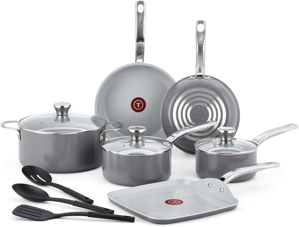 T-Fal Fresh Gourmet Recycled Ceramic Nonstick Cookware Set, 12 Piece, Oven Broil