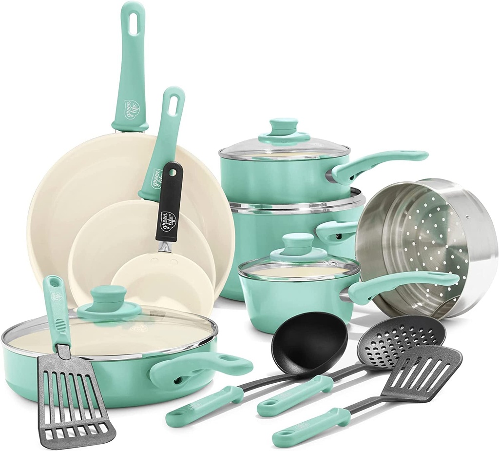 16 Piece Greenlife Soft Grip Healthy Ceramic Nonstick Kitchen Cookware Pots An