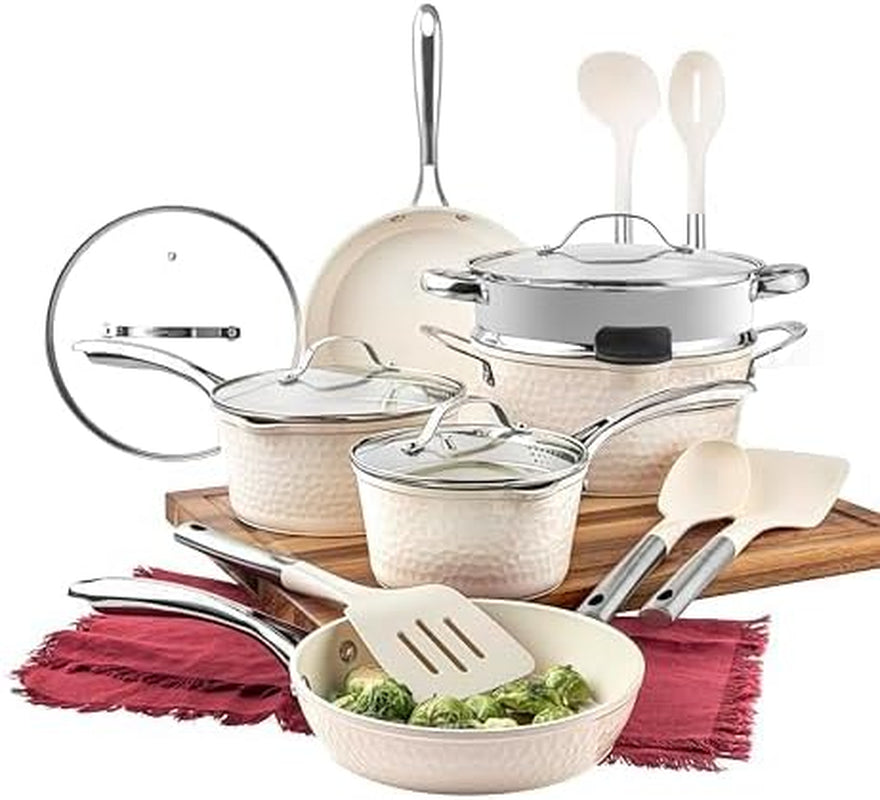 Gotham Steel Hammered 15 Pc Ceramic Pots and Pans Set Non Stick, Kitchen Cookwar