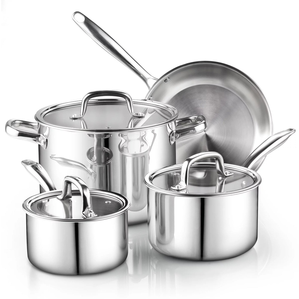 Cook N Home 7-Piece Pots and Pans Stainless Steel Cooking Set , Tri-Ply Clad Kit