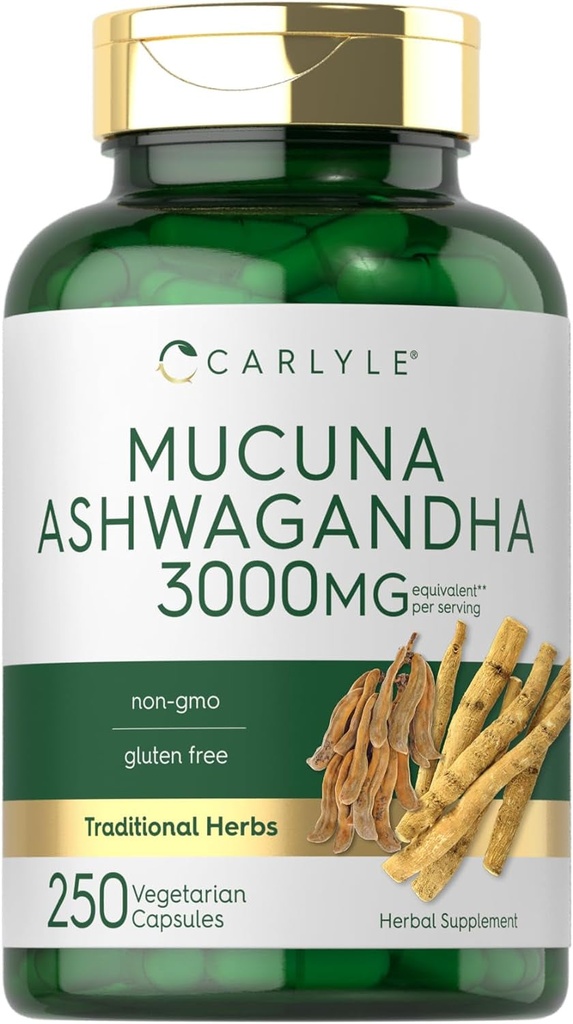 Mucuna with Ashwagandha | 3000Mg | 250 Capsules | Mucuna Pruriens Supplement | V