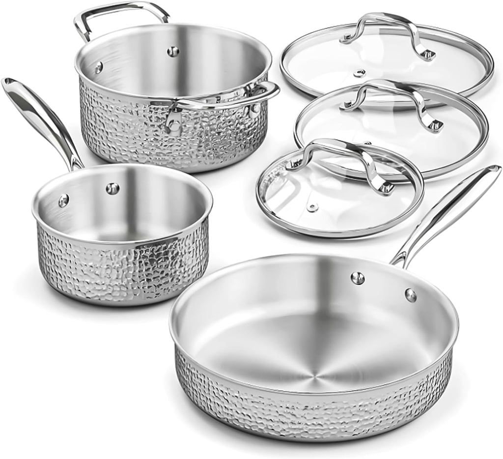 Aufranc Stainless Steel Pots and Pans Set with Glass Lid, 6Pcs Hammered Cookware