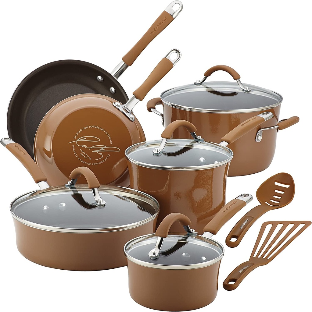 12 Piece, Mushroom Brown Rachael Ray Cucina Nonstick Cookware Pots and Pans Set