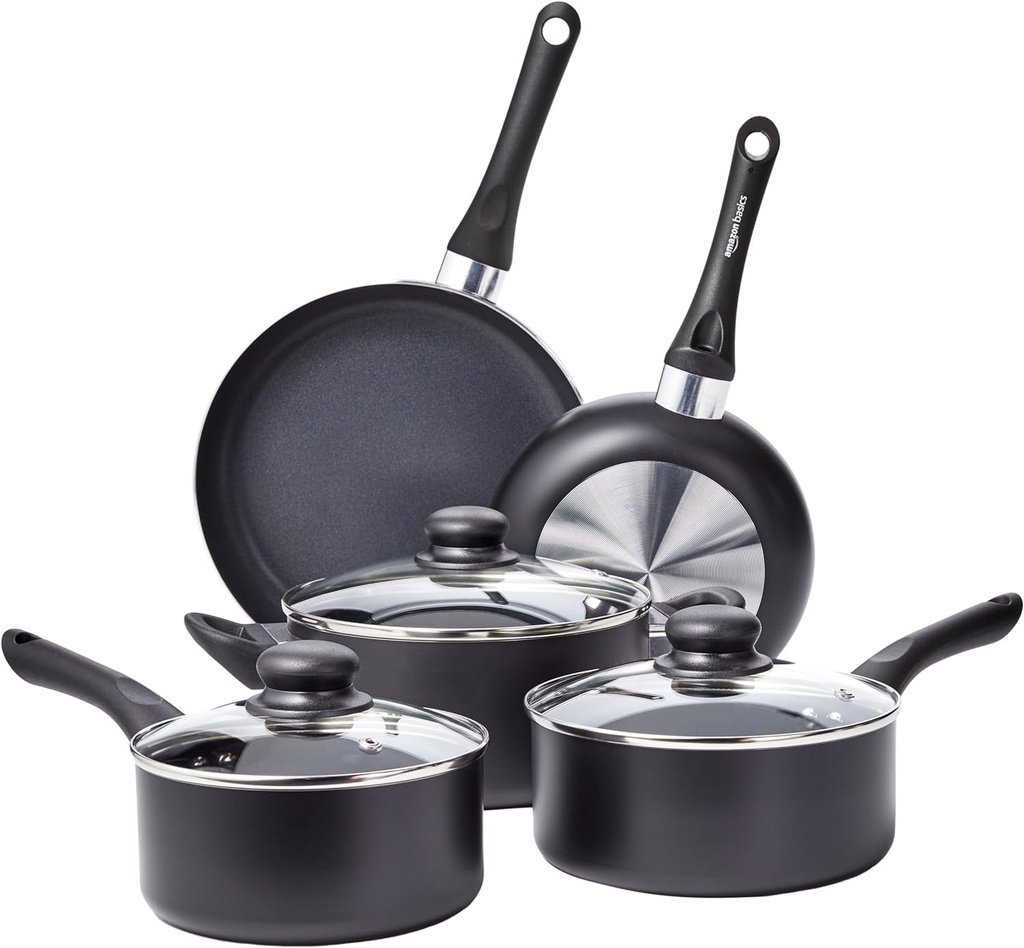 Basics Non-Stick Cookware 8-Piece Set, Pots and Pans, Black