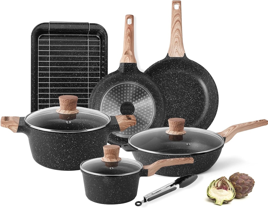 11 Piece Pots and Pans Set - Caannasweis Nonstick Granite Stone Cookware Sets,
