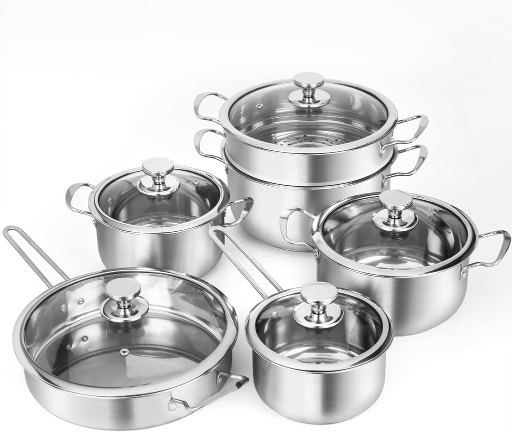 11-Piece Stainless Steel Pots and Pans Set, Kitchen Cookware Sets Cooking Set, I