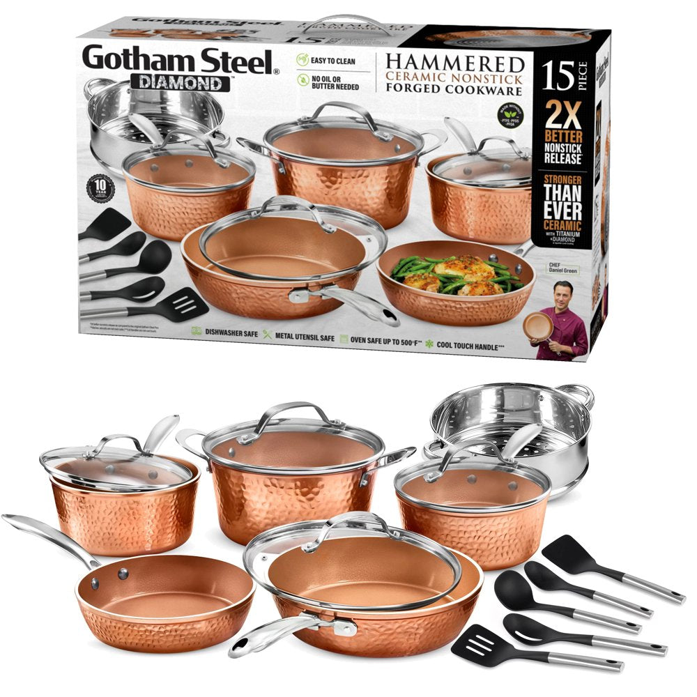 Gotham Steel Hammered Pots and Pans Set Nonstick Ceramic Cookware Set 15Pc