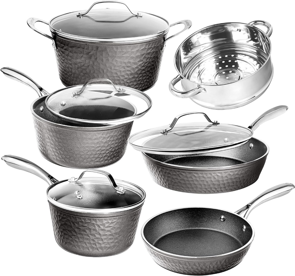 Granitestone Pots and Pans Set with Hammered Design, 10 Piece Complete Nonstick