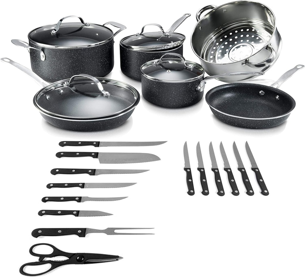 GRANITESTONE 24 Piece Set Cookware, Pots and Pans, Knife Set, Scratch-Resist