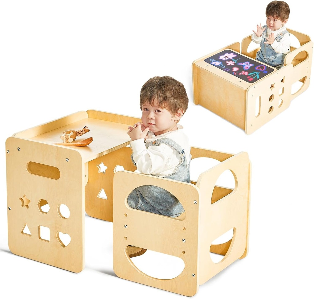 2 in 1 Montessori Weaning Table and Chair Set, Wooden Toddler Table and Chair Se