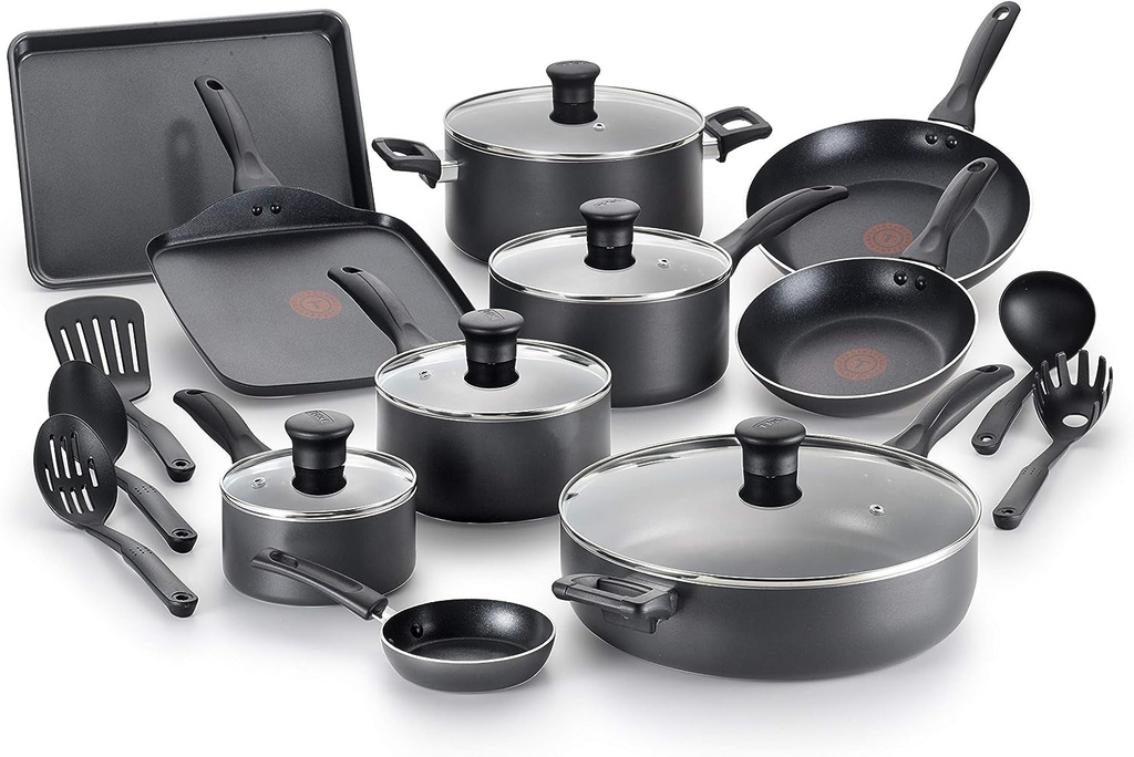 T-Fal Everything in Kitchen Dishwasher Safe Cookware Set, 20-Piece, Black