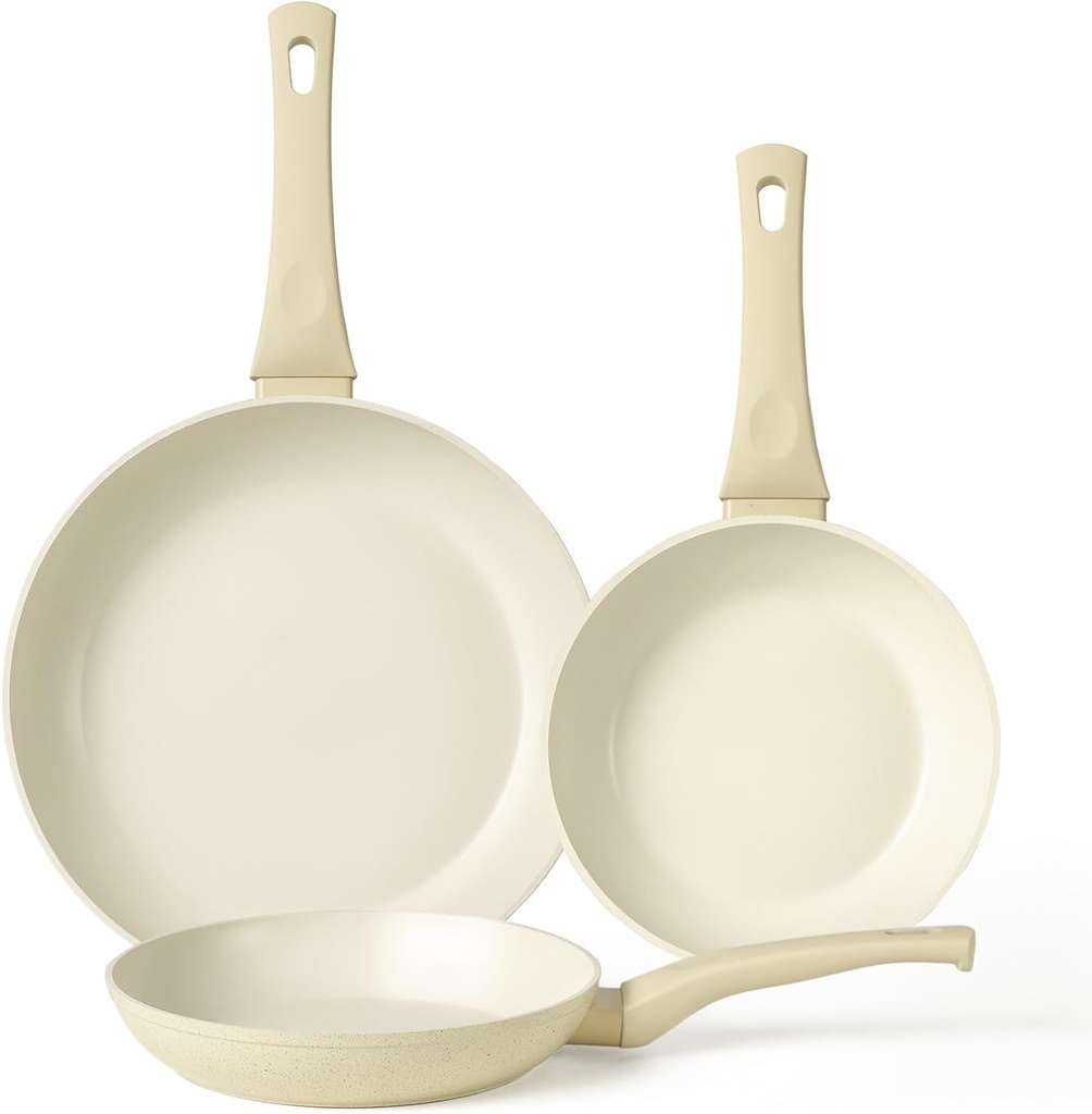 Nonstick Frying Pan Set, Set of 3 Non Stick Frying Pans, White Granite Induction