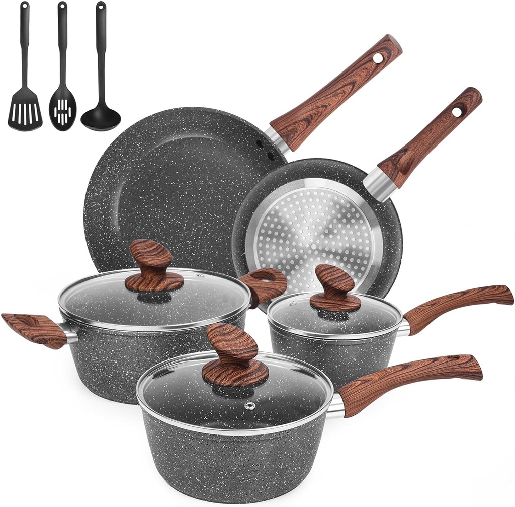 Granite Pots and Pans Set Ultra Nonstick, 11 Piece Die-Cast Cookware Sets with F