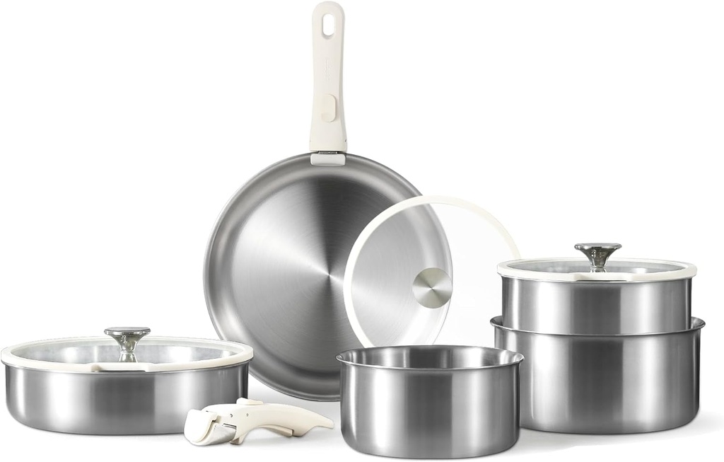 CAROTE 10Pcs Pots and Pans Set, Stainless Steel Cookware Set Detachable Handle,